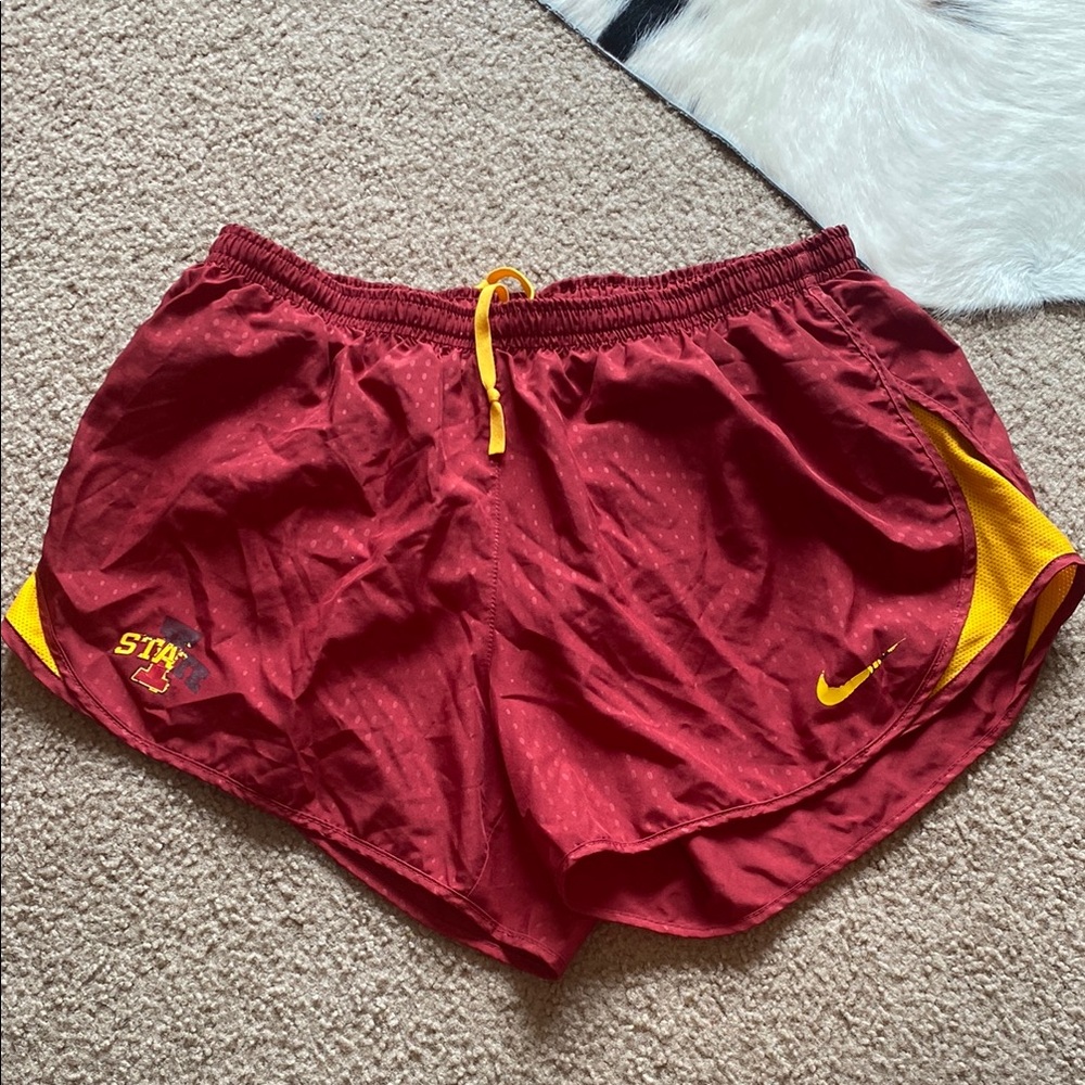 Nike Red and Yellow Athletic Shorts with Curved Side Panels